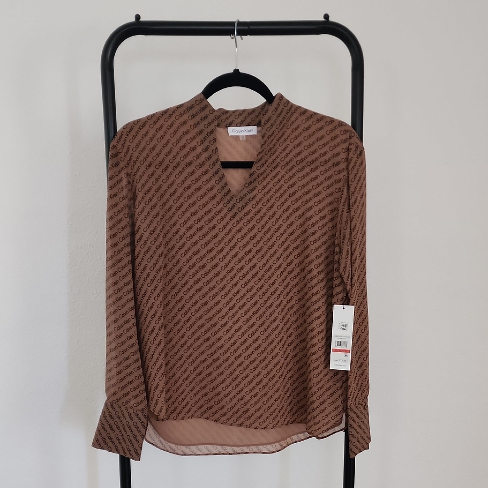 Calvin Klein -  Women's Brown V-Neck Patterned Blouse